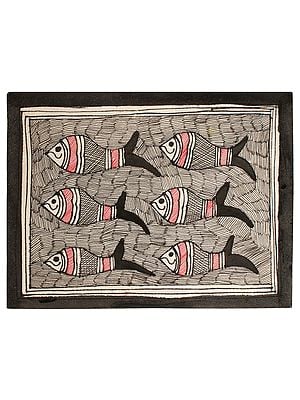 Fishes in Queue | Madhubani Painting on Handmade Paper