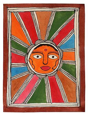 Sun In Colourful Background | Madhubani Painting