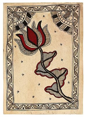Red Lotus with Stem | Madhubani Painting on Handmade Paper