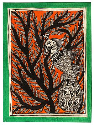 Peacock Standing on Tree of Life | Madhubani Painting