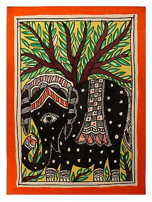 Traditional Ornamented Elephant Madhubani Painting on Handmade Paper