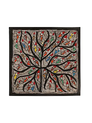 Multiple Colour Birds on Tree | Madhubani Painting on Handmade Paper