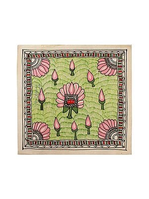 Lotus and Lotus Buds Flower | Madhubani Painting | Natural Colors on Handmade Paper