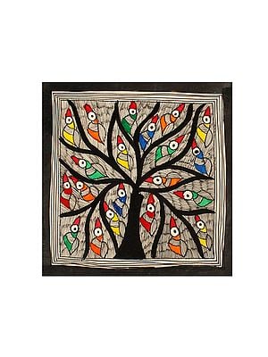 Colourful Birds Sitting In Tree of Life | Madhubani Painting | Handmade Paper