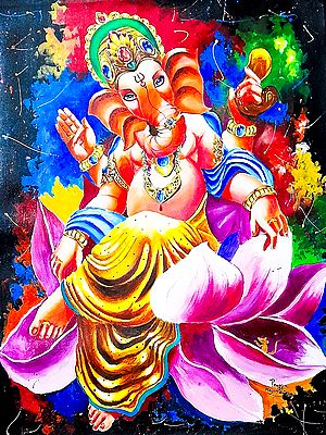 Colorful Lord Ganapati Seated on Lotus | Painting by Pragga Majumder