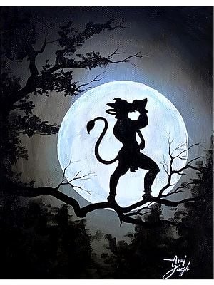 Silhouette Hanuman Blowing the Conch/Shankha In the Moon Backdrop