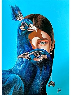Woman Behind Peafowls | Acrylic On Paper
