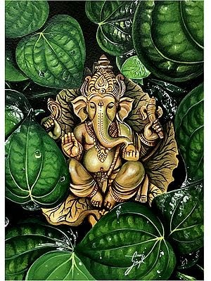 Lord Ganesha Under Drenched Leaves | Acrylic On Paper