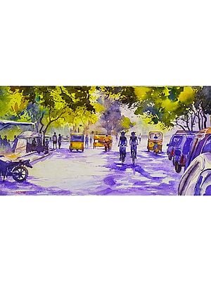 Indian City Life Landscape | Purple Tint | Watercolour On Paper
