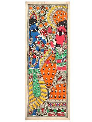 Shri Krishna Playing Flute For Radha | Madhubani Painting