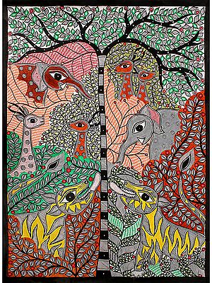 Animals Around Tree of Life | Madhubani Painting