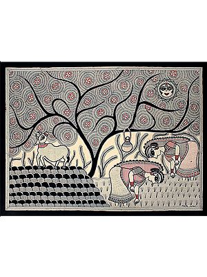 Women Harvesting Crops | Madhubani Painting