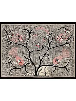 Peacocks Sitting In Tree | Madhubani Painting
