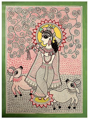 Shri Krishna Around Cows | Madhubani Painting