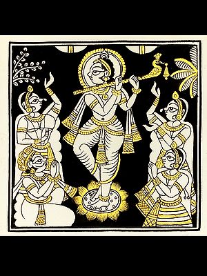 Divine Shri Krishna Playing Flute | Phad Painting by Kalyan Joshi