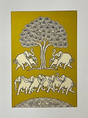 Elephants Around Tree Of Life | Phad Painting by Kalyan Joshi