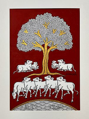 Cows Around Tree Of Life | Phad Painting by Kalyan Joshi