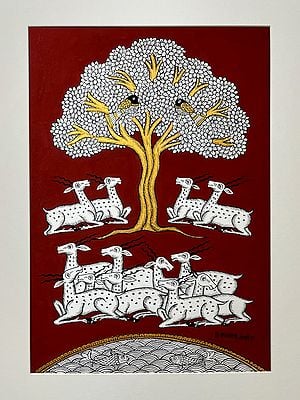 Tree Of Life Surrounded By Antelopes | Phad Painting by Kalyan Joshi