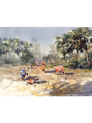 Farmers Working in a Field | Watercolor Painting by Madhusudan Das