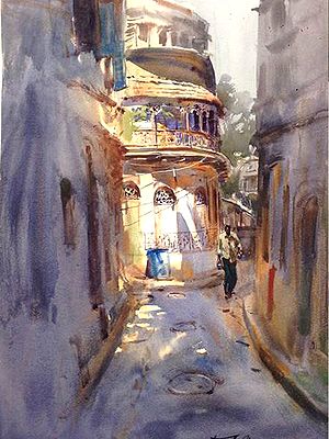 Street View | Watercolor Painting by Madhusudan Das