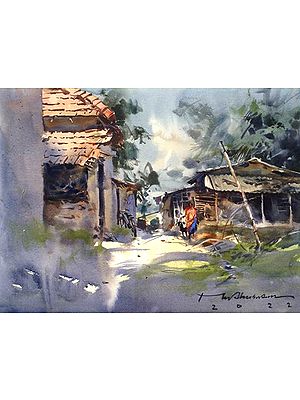 Indian Village Landscape | Watercolor Painting by Madhusudan Das