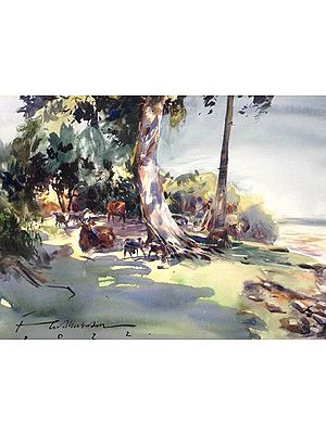 Cows in a Village | Watercolor Painting by Madhusudan Das