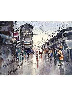 People on Street Landscape | Watercolor Painting by Madhusudan Das