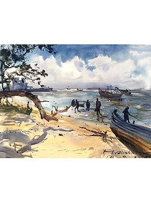 Fishermen on Sea Side | Watercolor Painting by Madhusudan Das