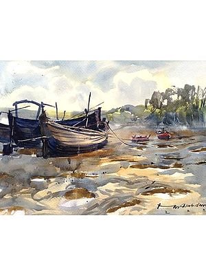 Boats on The Lake | Watercolor Painting by Madhusudan Das