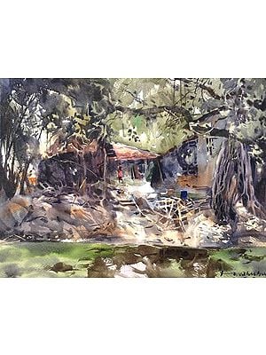 A Village Landscape | Watercolor Painting by Madhusudan Das