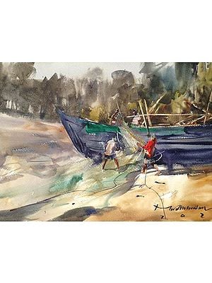 Fishermen Preparing To Board | Loose Watercolour Painting | By Madhusudan Das