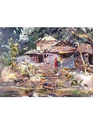 Small Household By The Lake | Loose Watercolour Painting | By Madhusudan Das