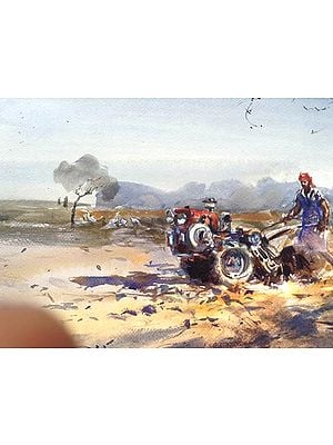 Farmer In Process Of Cultivation | Loose Watercolour Painting | By Madhusudan Das