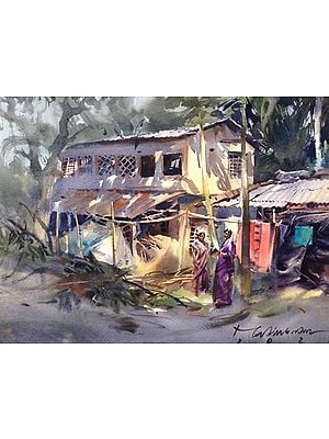 Indian Women By The Village House | Loose Watercolour Painting | By Madhusudan Das