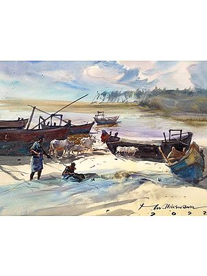 Fishermen On Beach | Loose Watercolour Painting | By Madhusudan Das
