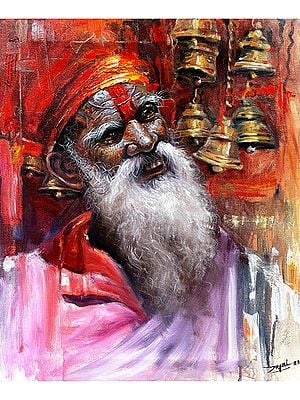 Old Sadhu With Temple Bells In The Background | Acrylic on Canvas | By Jugal Sarkar