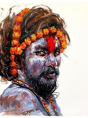Naga Sadhu With Garland On Head | Acrylic on Canvas | By Jugal Sarkar