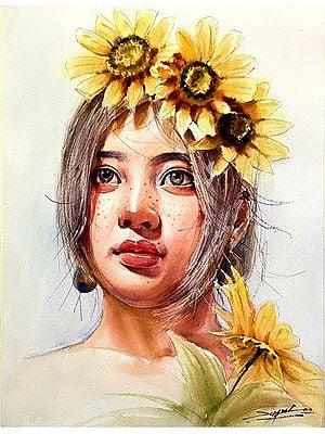 Portrait Of Lady With Sunflower | Watercolour On Paper | By Jugal Sarkar