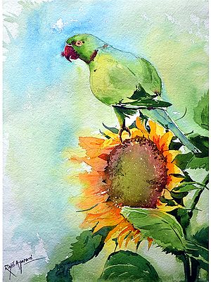 Parrot On Sunflower | Watercolor on Paper | By Rajib Agarwal