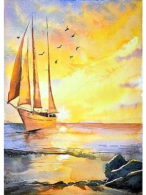 Ship On Sea In Dusk | Watercolor on Paper | By Rajib Agarwal