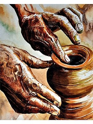 Wrinkled Hands In Pot Making | Watercolor on Paper | By Rajib Agarwal
