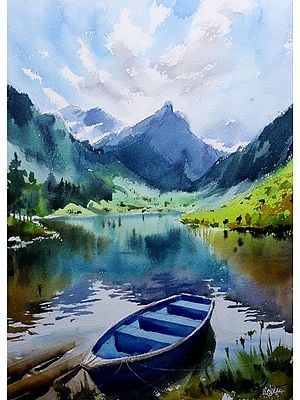 Boat on The Lake | Landscape View | Watercolor Painting by Achintya Hazra