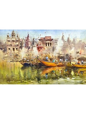 Visitors at Varanasi Ghat | Watercolor Painting by Achintya Hazra