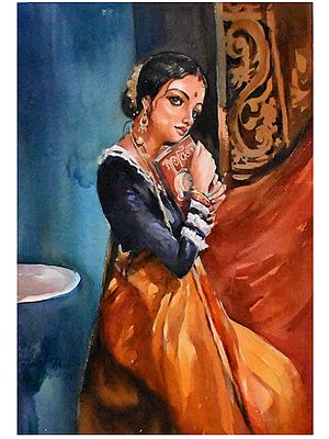 Indian Lady Lost in Thoughts | Watercolor Painting by Sarat Shaw