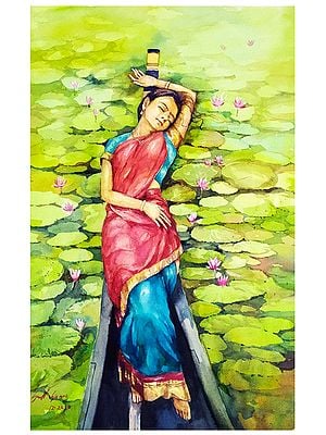 Kerala Woman On Lotus Lake | Watercolor On Paper | By Sarat Shaw