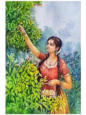 Village Woman Plucking Flowers | Watercolor On Paper | By Sarat Shaw