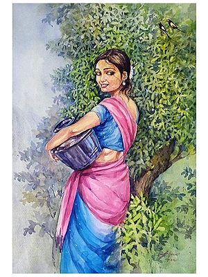 Village Woman With Pot Portrait | Watercolor On Paper | By Sarat Shaw