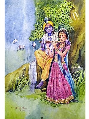 Radha Playing Flute | Watercolor On Paper | By Sarat Shaw