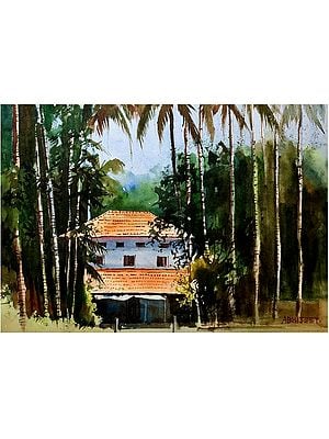 Large Palm Tree By The House | Watercolor On Paper | By Abhijeet Bahadure