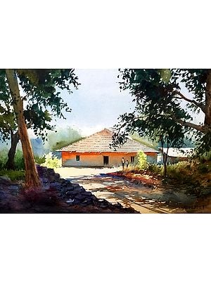 Father and Son By The House | Watercolor On Paper | By Abhijeet Bahadure